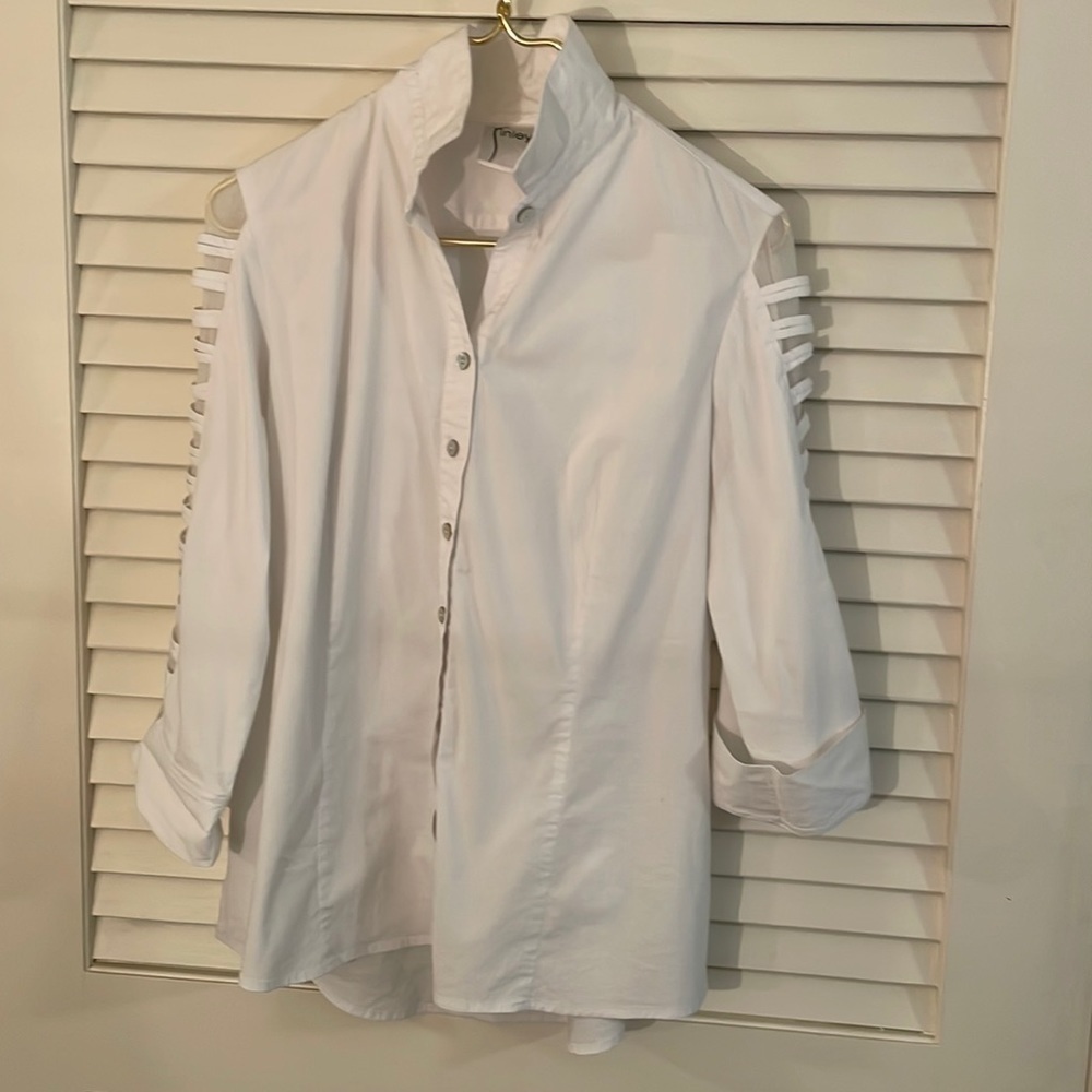 Finley White Mother of Pearl Button Down  Double Strapped Netted Sleeve Shirt